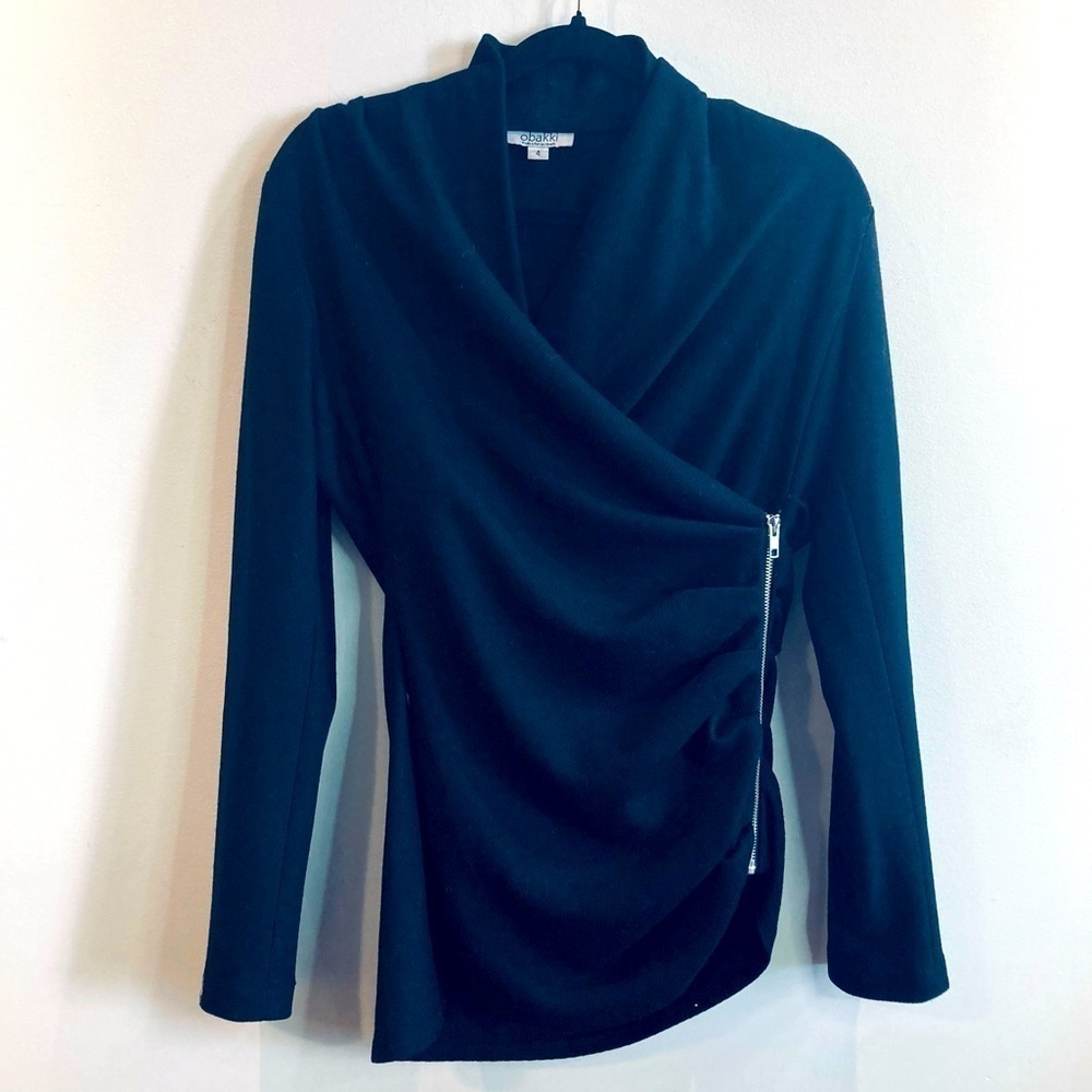 OBAKKI Sz 4 True Wrap Zipper Closure Ruched Sides 100% Wool High Neck Sweater